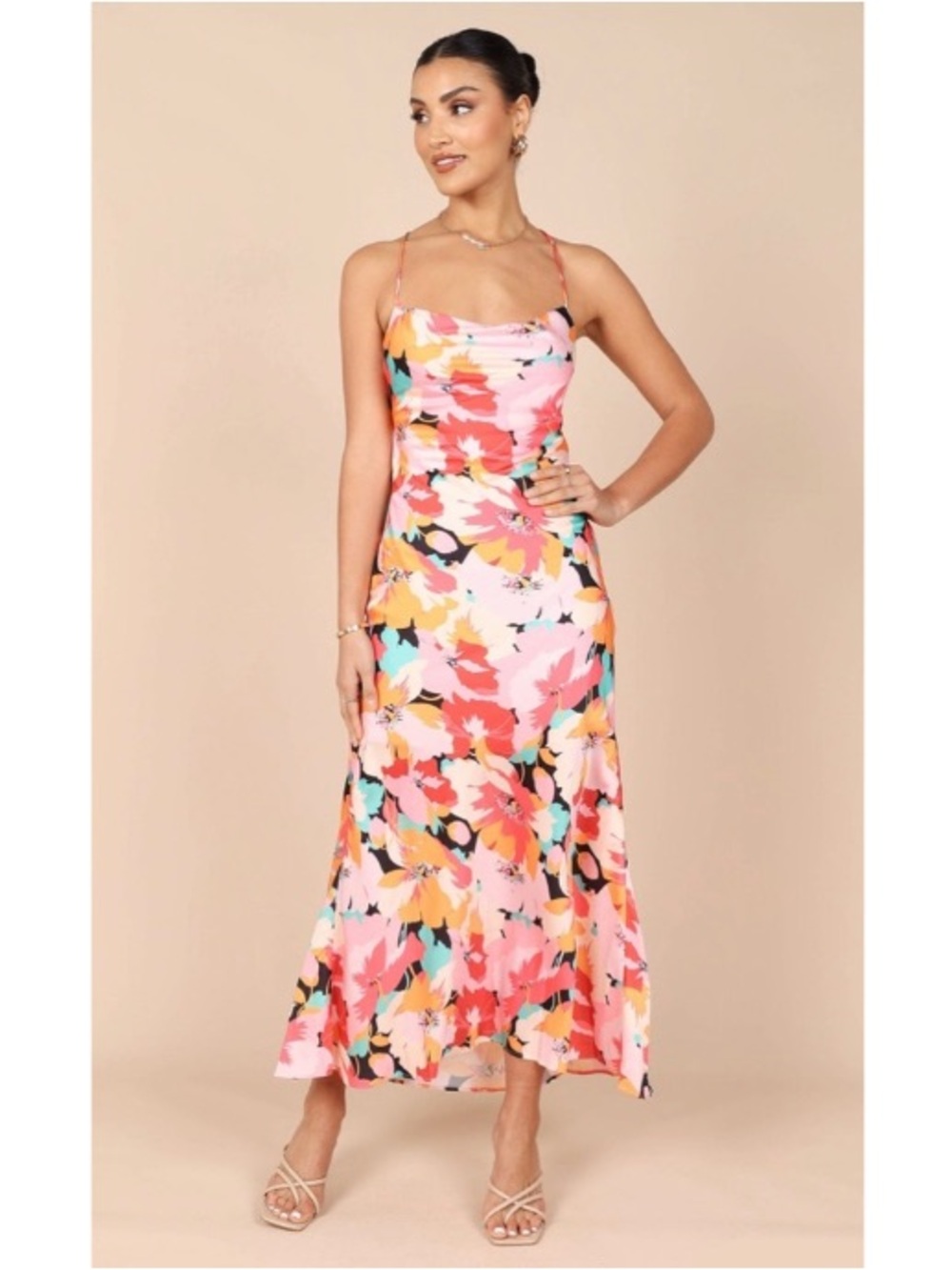 Petal & Pup Floral Satin Posse Cowl Neck Midi Slip Dress Pink Medium - Picture 4 of 9